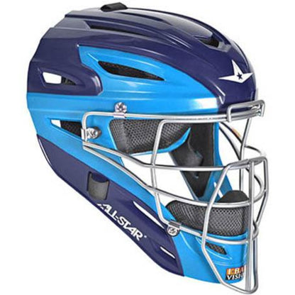 The All Star System7 Axis Hockey Style Catcher's Helmet (MVP2500/MVP2510) features a metal face guard, ventilation slits, and the All Star logo—perfect as youth catcher’s gear in blue and navy.
