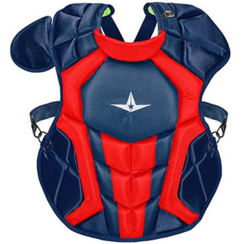 The All Star System7 Axis Catcher's Chest Protector (CPCC912S7X/CPCC1216S7X/CPCC40PRO) features navy blue and red colors, angular padding, a central white star emblem, and is NOCSAE-certified for baseball or softball catchers.
