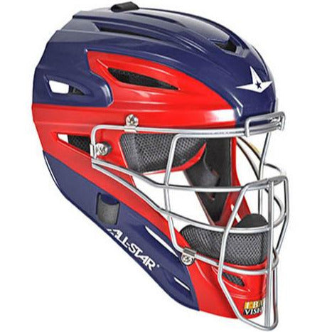 The All Star System7 Axis MVP2500/MVP2510 catcher's helmet features a blue and red shell, silver metal face guard, black padding, and "ALL-STAR" on the side—an ideal choice for youth catcher gear fans.