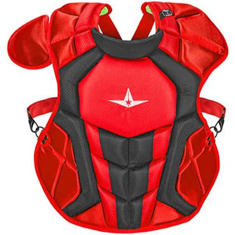 The All Star System7 Axis Catcher's Chest Protector features black and red padding, a white star logo, adjustable side straps, and meets NOCSAE safety standards for reliable protection behind the plate.