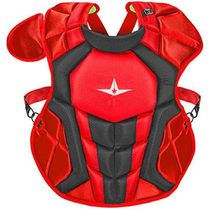 The All Star System7 Axis Catcher's Chest Protector features black and red padding, a white star logo, adjustable side straps, and meets NOCSAE safety standards for reliable protection behind the plate.