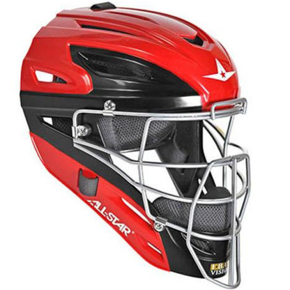 The All Star System7 Axis MVP2500 catcher’s helmet features a red and black design with a silver metal face guard, ventilation holes, and the All Star logo—an ideal choice for youth catchers.