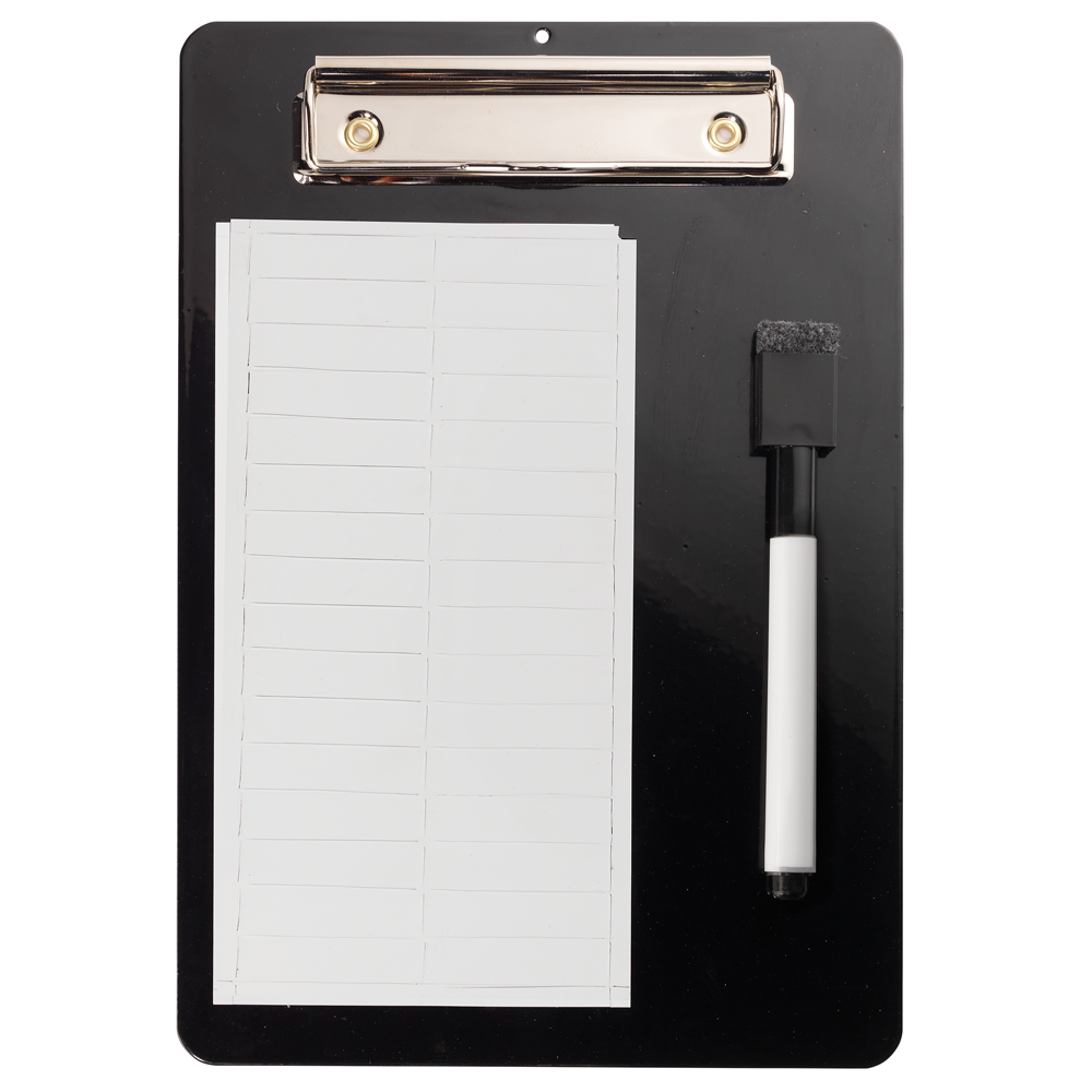 The Easton Coaches Dry Erase & Magnetic Lineup Board (A153046) by Easton features a black clipboard holding blank lineup sheets and comes with a black and white dry-erase marker with an eraser cap, ideal for organizing your baseball team.