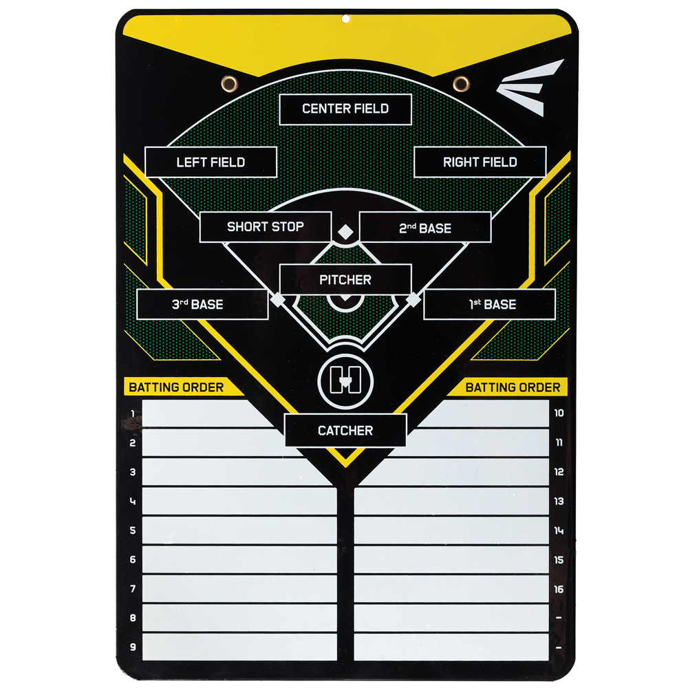 The Easton Coaches Dry Erase & Magnetic Lineup Board (A153046) by Easton displays player positions on a field diagram, features magnetic strips, labeled batting order spaces, and lists up to 15 player names on both sides.