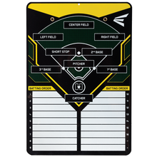 The Easton Coaches Dry Erase & Magnetic Lineup Board (A153046) by Easton displays player positions on a field diagram, features magnetic strips, labeled batting order spaces, and lists up to 15 player names on both sides.