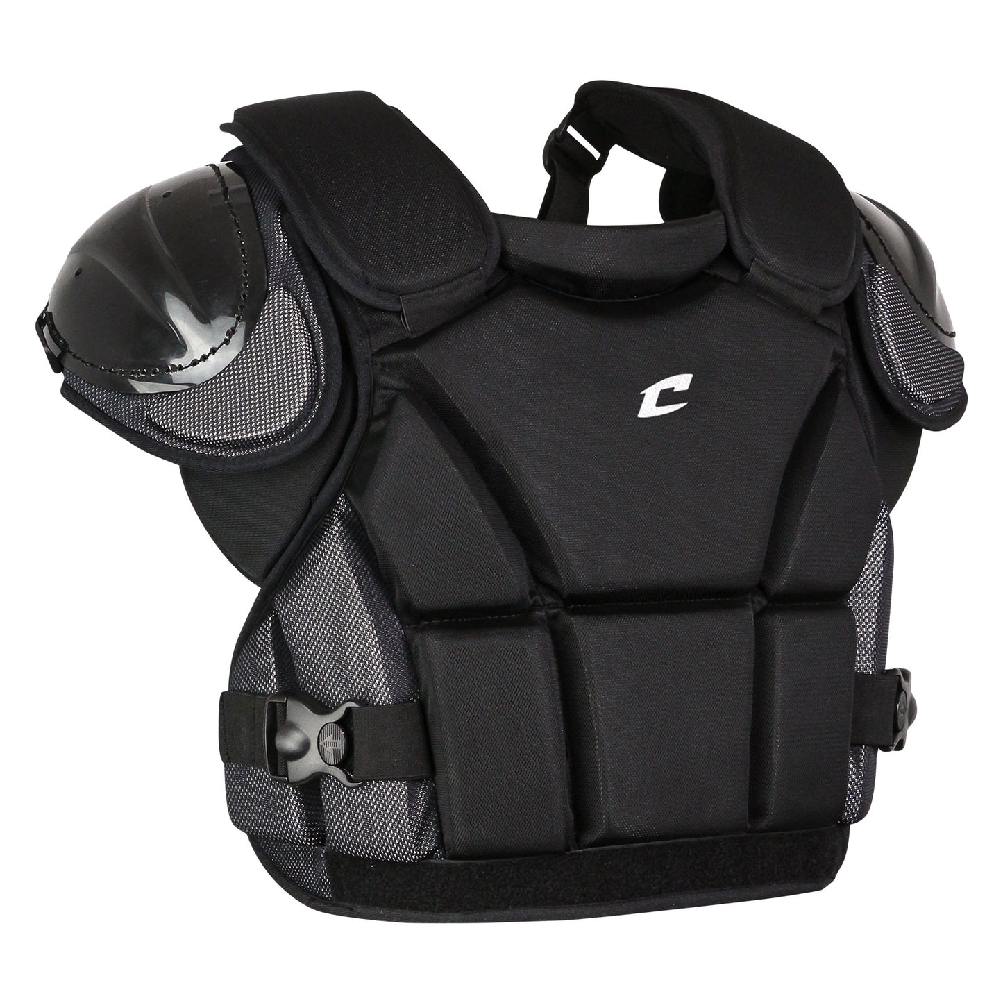 The Champro Sports PRO PLUS Umpire Chest Protector (CP13, CP135, CP14) features black and gray padded shoulders, adjustable straps, moisture-wicking fabric, side and chest protection, and a white front logo.