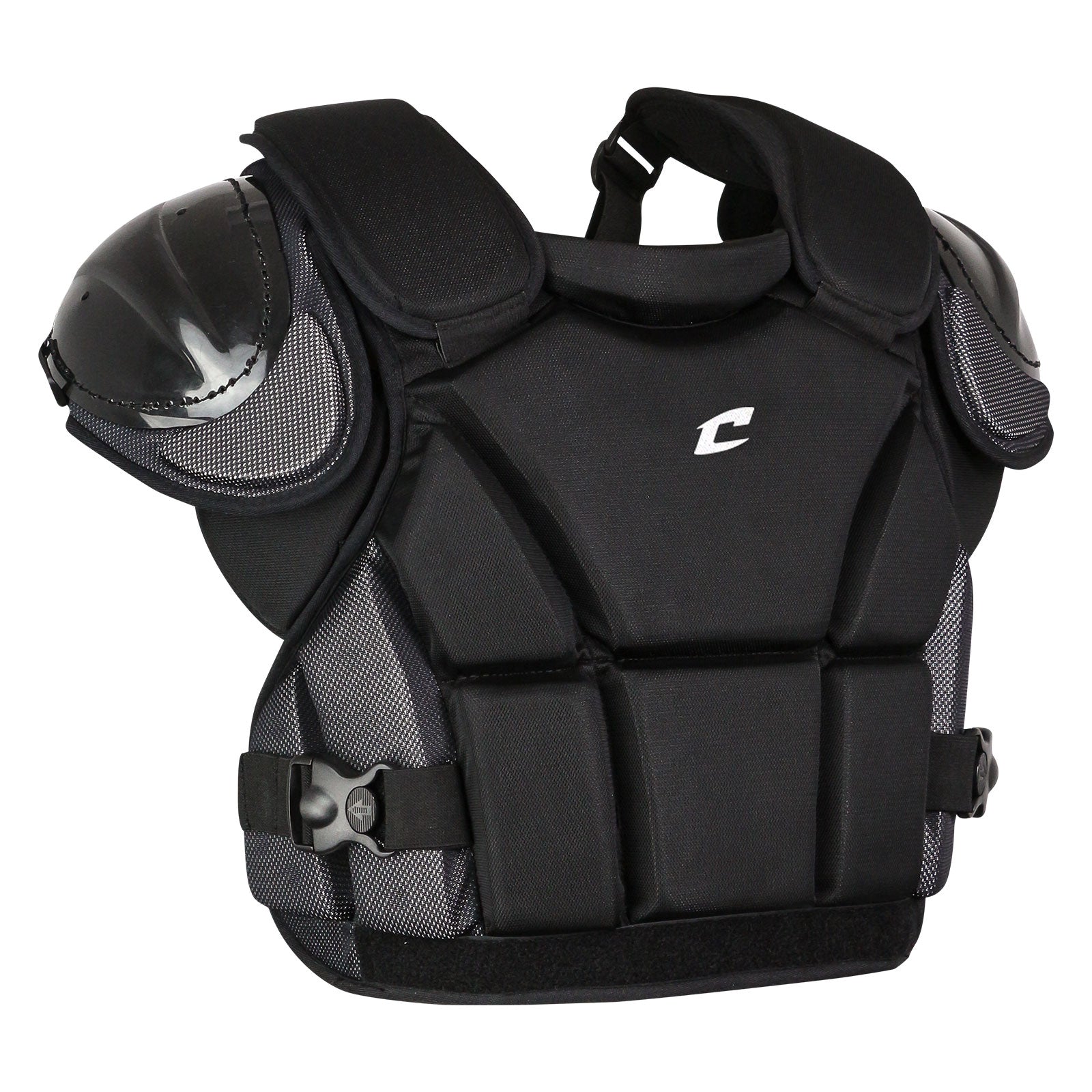 The Champro Sports PRO PLUS Umpire Chest Protector (CP13, CP135, CP14) features black and gray padded shoulders, adjustable straps, moisture-wicking fabric, side and chest protection, and a white front logo.