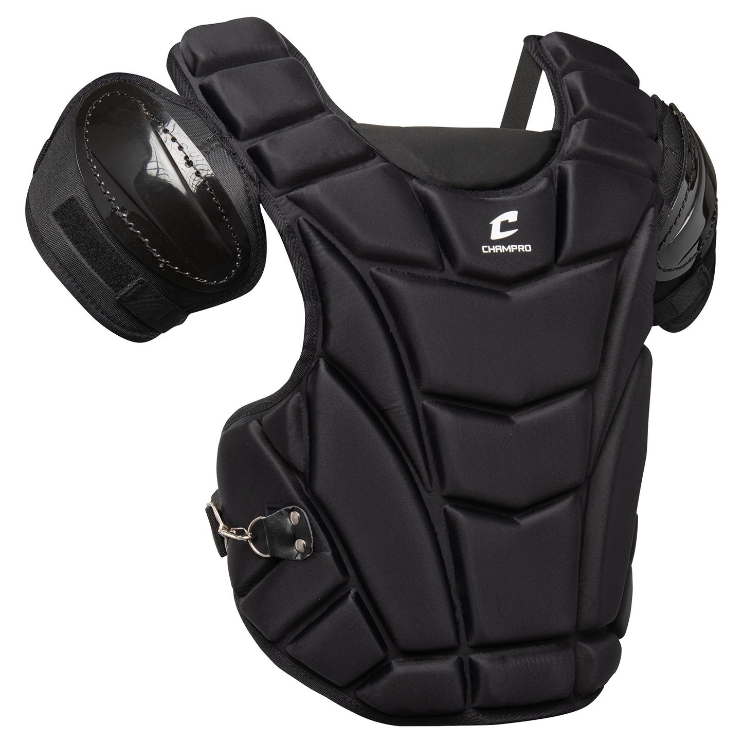 The Champro MVP Umpire Chest Protector: CP9 by Champro Sports features black padding, abrasion-resistant shoulder pads, segmented flexible panels, a side buckle closure, and the Champro logo on the front.