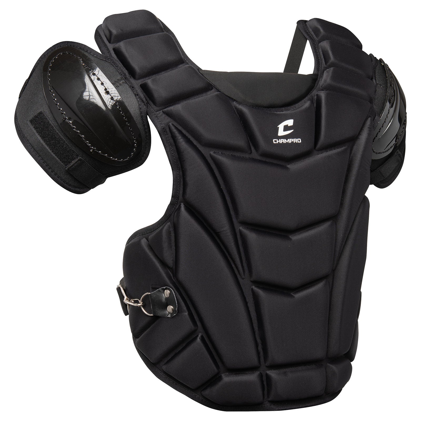 The Champro MVP Umpire Chest Protector: CP9 by Champro Sports features black padding, abrasion-resistant shoulder pads, segmented flexible panels, a side buckle closure, and the Champro logo on the front.