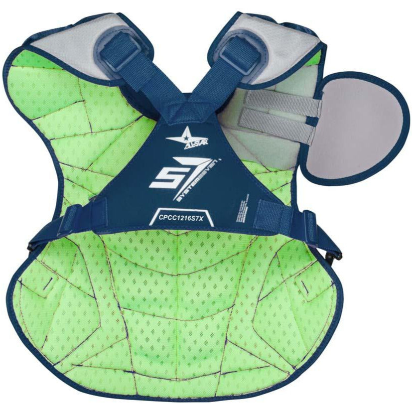 The All Star System7 Axis Catcher's Chest Protector (CPCC912S7X/CPCC1216S7X/CPCC40PRO) features fluorescent green and blue colors, shoulder padding, adjustable straps, a detachable throat guard, and meets NOCSAE standards. Brand logo/model front visible.