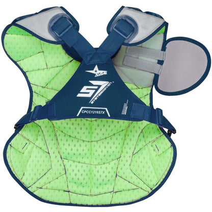 The All Star System7 Axis Catcher's Chest Protector (CPCC912S7X/CPCC1216S7X/CPCC40PRO) features fluorescent green and blue colors, shoulder padding, adjustable straps, a detachable throat guard, and meets NOCSAE standards. Brand logo/model front visible.