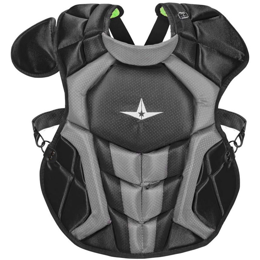 The All Star System7 Axis Catcher's Chest Protector (CPCC912S7X / CPCC1216S7X / CPCC40PRO) in black and gray has padded shoulders, side protection, a central white star logo, secure straps and buckles, and meets NOCSAE standards.