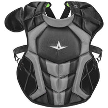 The All Star System7 Axis Catcher's Chest Protector (CPCC912S7X / CPCC1216S7X / CPCC40PRO) in black and gray has padded shoulders, side protection, a central white star logo, secure straps and buckles, and meets NOCSAE standards.