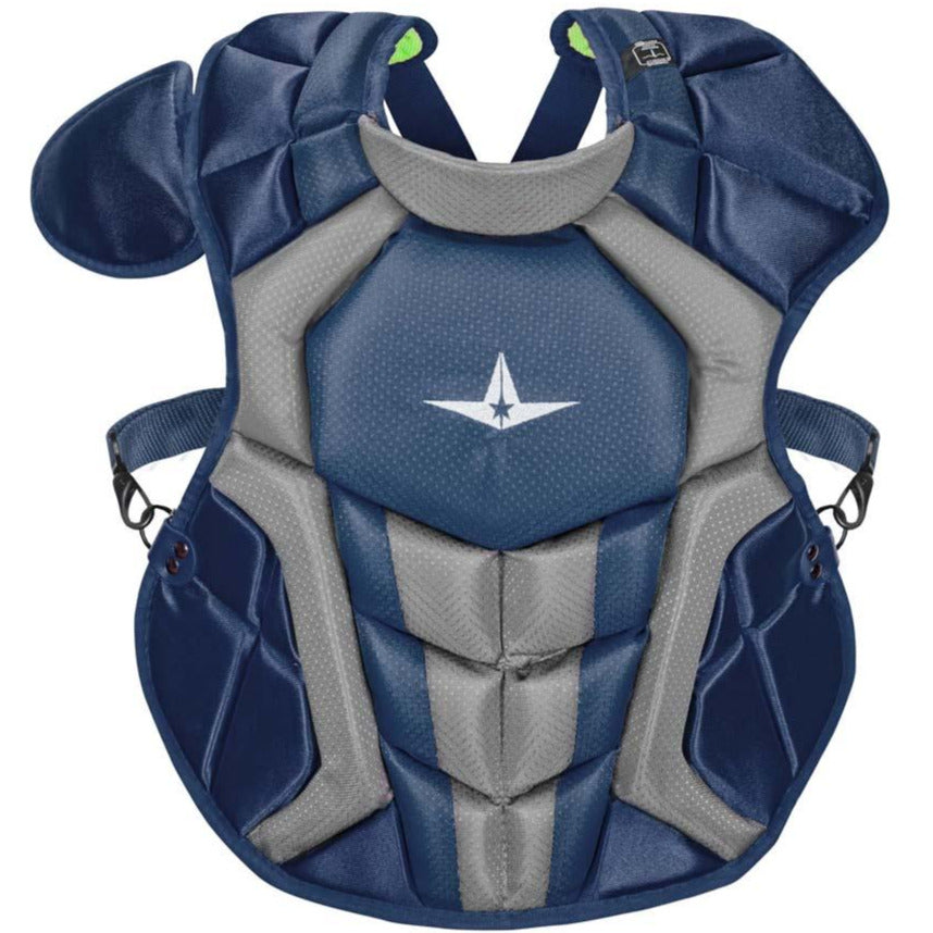 The All Star System7 Axis Catcher's Chest Protector (CPCC912S7X / CPCC1216S7X / CPCC40PRO) in navy blue and gray features a white star logo, adjustable side straps, shoulder padding, and meets NOCSAE safety standards for baseball or softball.