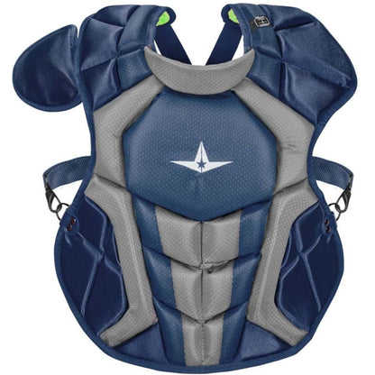 The All Star System7 Axis Catcher's Chest Protector (CPCC912S7X / CPCC1216S7X / CPCC40PRO) in navy blue and gray features a white star logo, adjustable side straps, shoulder padding, and meets NOCSAE safety standards for baseball or softball.