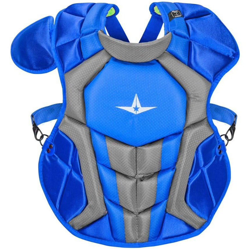 The All Star System7 Axis Catcher's Chest Protector features blue and gray design with a white star logo, adjustable straps, contoured protective sections, and meets NOCSAE safety standards. Models: CPCC912S7X / CPCC1216S7X / CPCC40PRO.