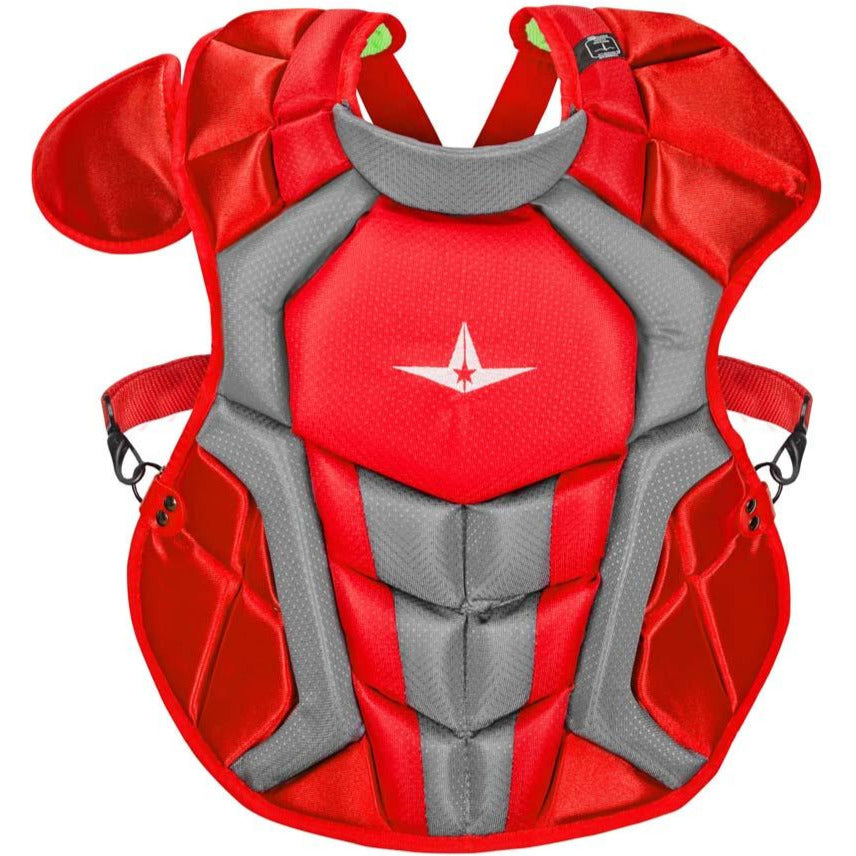The All Star System7 Axis Catcher's Chest Protector (CPCC912S7X / CPCC1216S7X / CPCC40PRO) features red and gray styling with a white star emblem, broad coverage, adjustable straps, and NOCSAE-certified safety for baseball and softball.