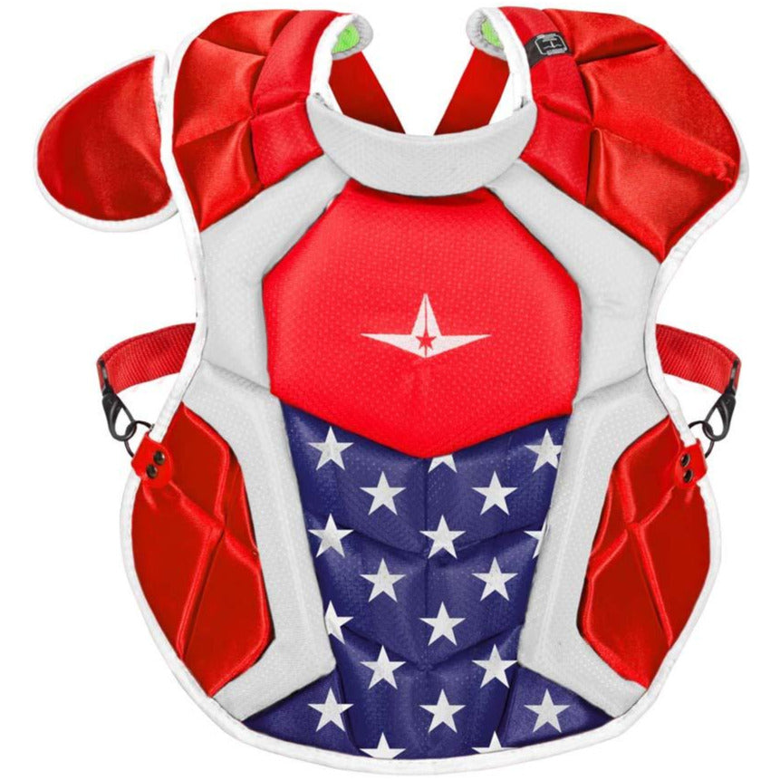 The All Star System7 Axis Catcher's Chest Protector (CPCC912S7X / CPCC1216S7X / CPCC40PRO) features red, white, and blue colors with star motifs, resembling Captain America's suit, and meets NOCSAE safety standards.
