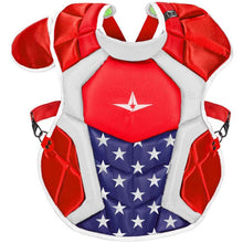 The All Star System7 Axis Catcher's Chest Protector (CPCC912S7X / CPCC1216S7X / CPCC40PRO) features red, white, and blue colors with star motifs, resembling Captain America's suit, and meets NOCSAE safety standards.