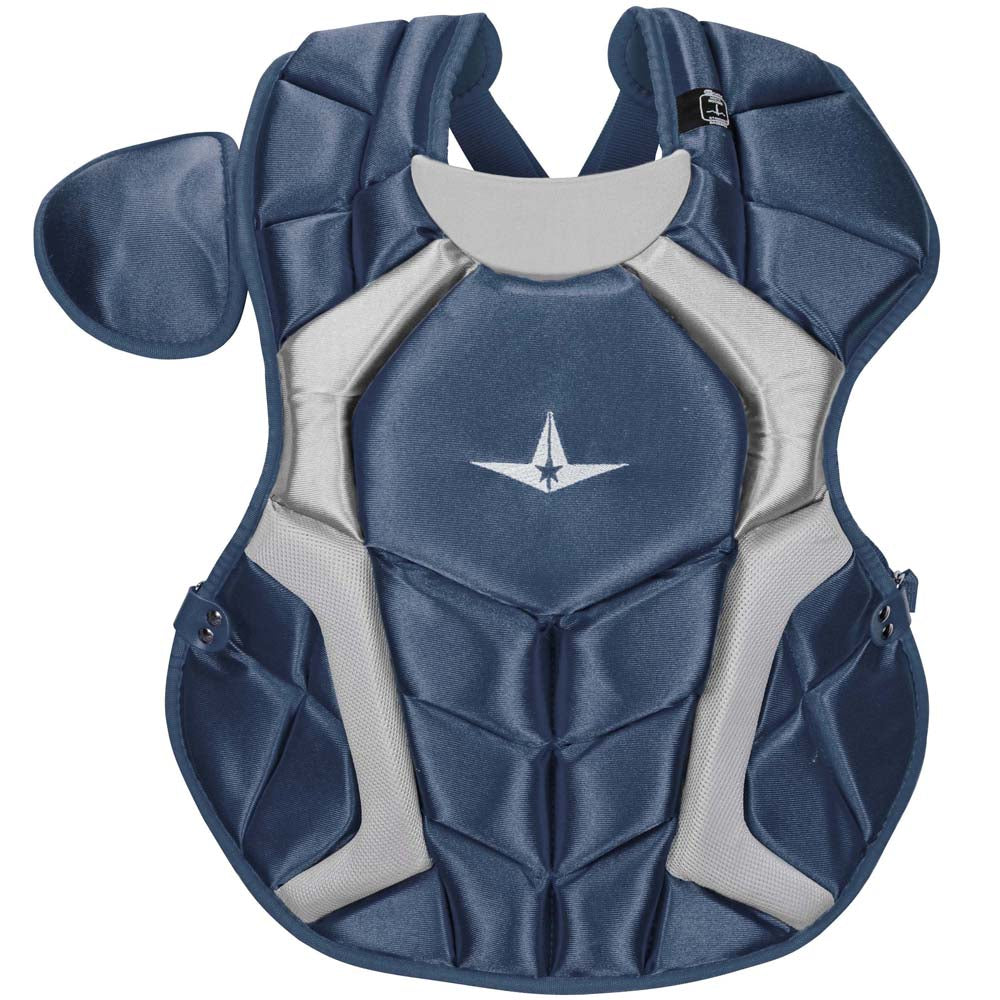 The All Star System7 Catcher's Chest Protector (CPCC1618S7X) features a navy blue and gray design with a white star logo, an attached shoulder pad, and DeltaFlex Harness for secure, comfortable fit—ideal for baseball or softball catchers.