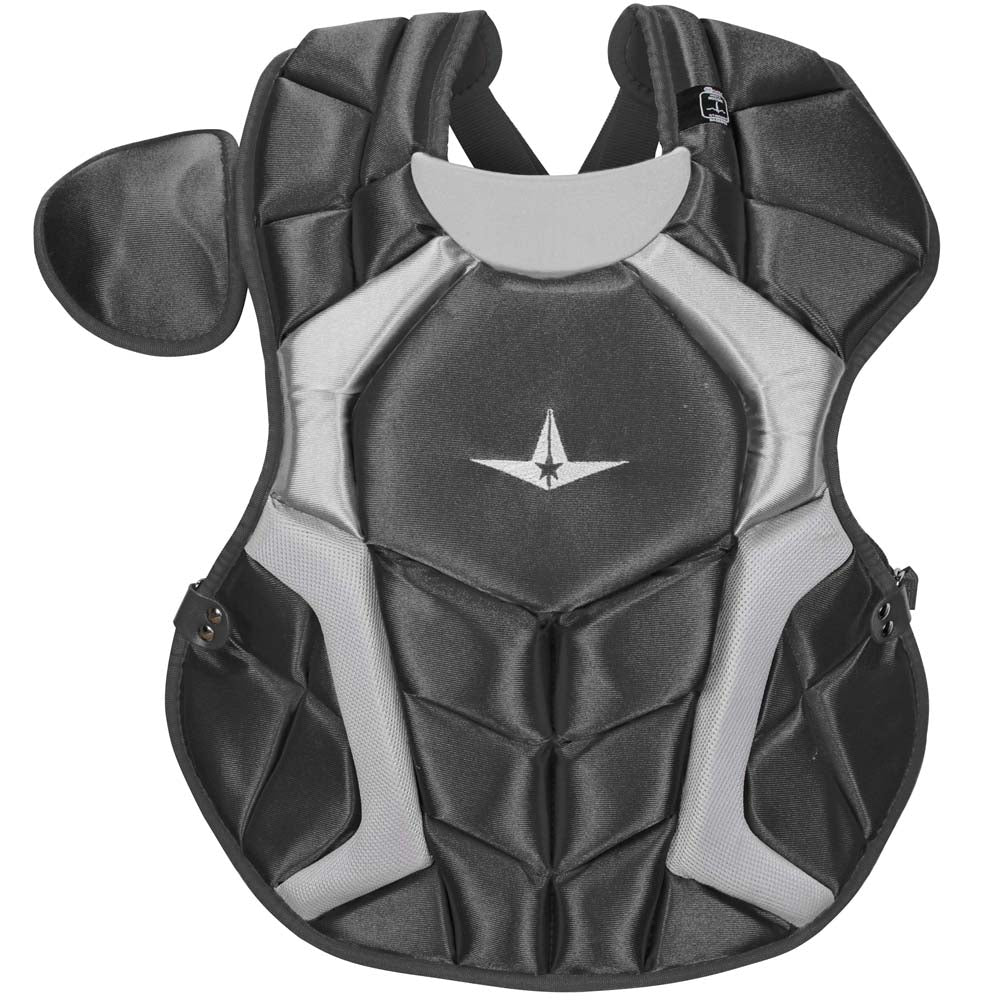 The All Star System7 Catcher's Chest Protector: CPCC1618S7X in black and grey offers a secure DeltaFlex Harness for optimal fit and comfort.