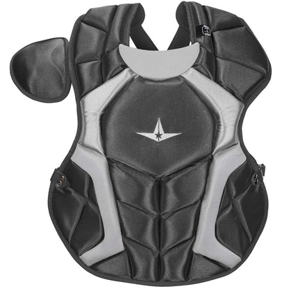 The All Star System7 Catcher's Chest Protector: CPCC1618S7X in black and grey offers a secure DeltaFlex Harness for optimal fit and comfort.
