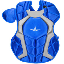 The All Star System7 Catcher's Chest Protector: CPCC1618S7X is a blue and gray chest guard with a white star and plane logo, left-side shoulder flap, and DeltaFlex Harness for enhanced comfort. Designed by All Star for sports safety.