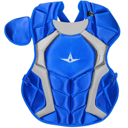 The All Star System7 Catcher's Chest Protector: CPCC1618S7X is a blue and gray chest guard with a white star and plane logo, left-side shoulder flap, and DeltaFlex Harness for enhanced comfort. Designed by All Star for sports safety.