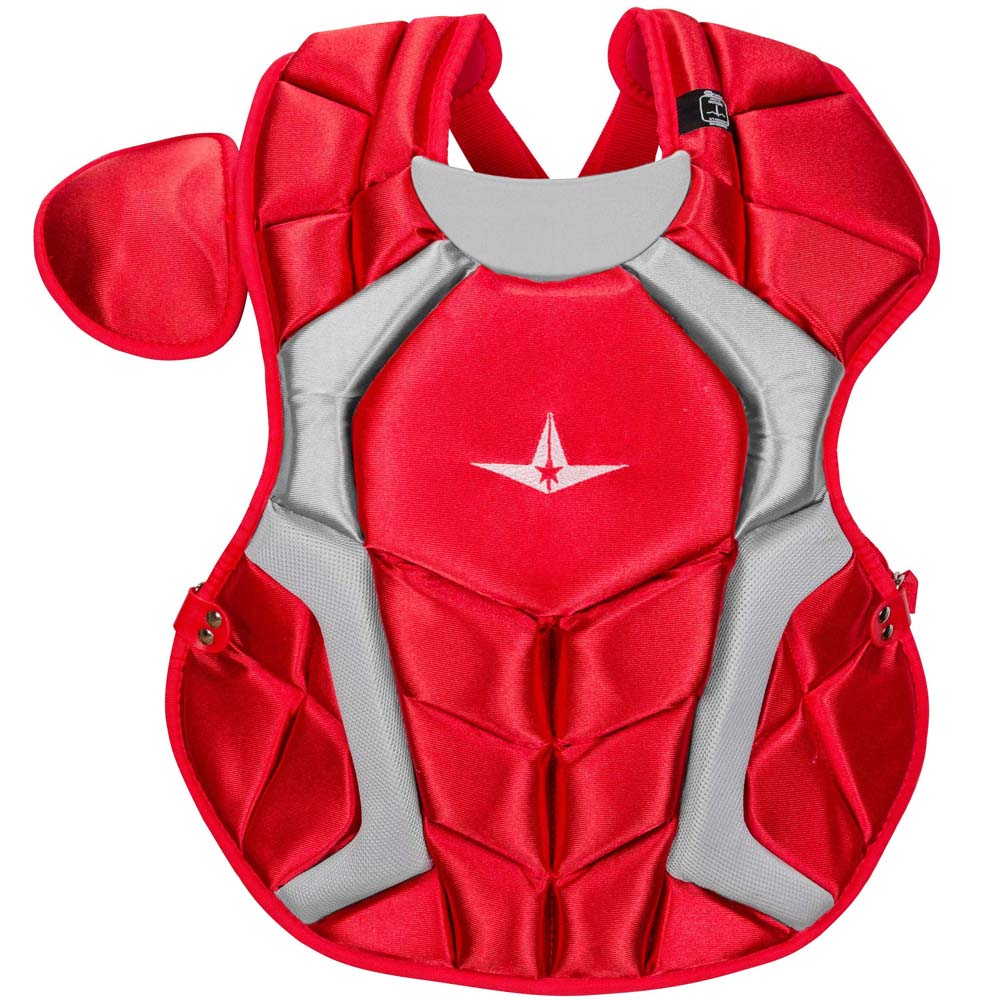 The All Star System7 Catcher's Chest Protector (CPCC1618S7X) features red and gray coloring, a white logo, adjustable shoulder and side straps, thick segmented padding for protection, and a DeltaFlex Harness for enhanced comfort.