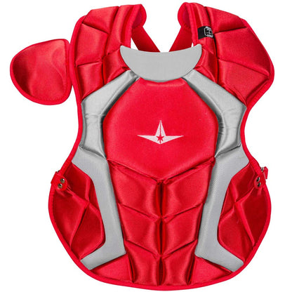 The All Star System7 Catcher's Chest Protector (CPCC1618S7X) features red and gray coloring, a white logo, adjustable shoulder and side straps, thick segmented padding for protection, and a DeltaFlex Harness for enhanced comfort.