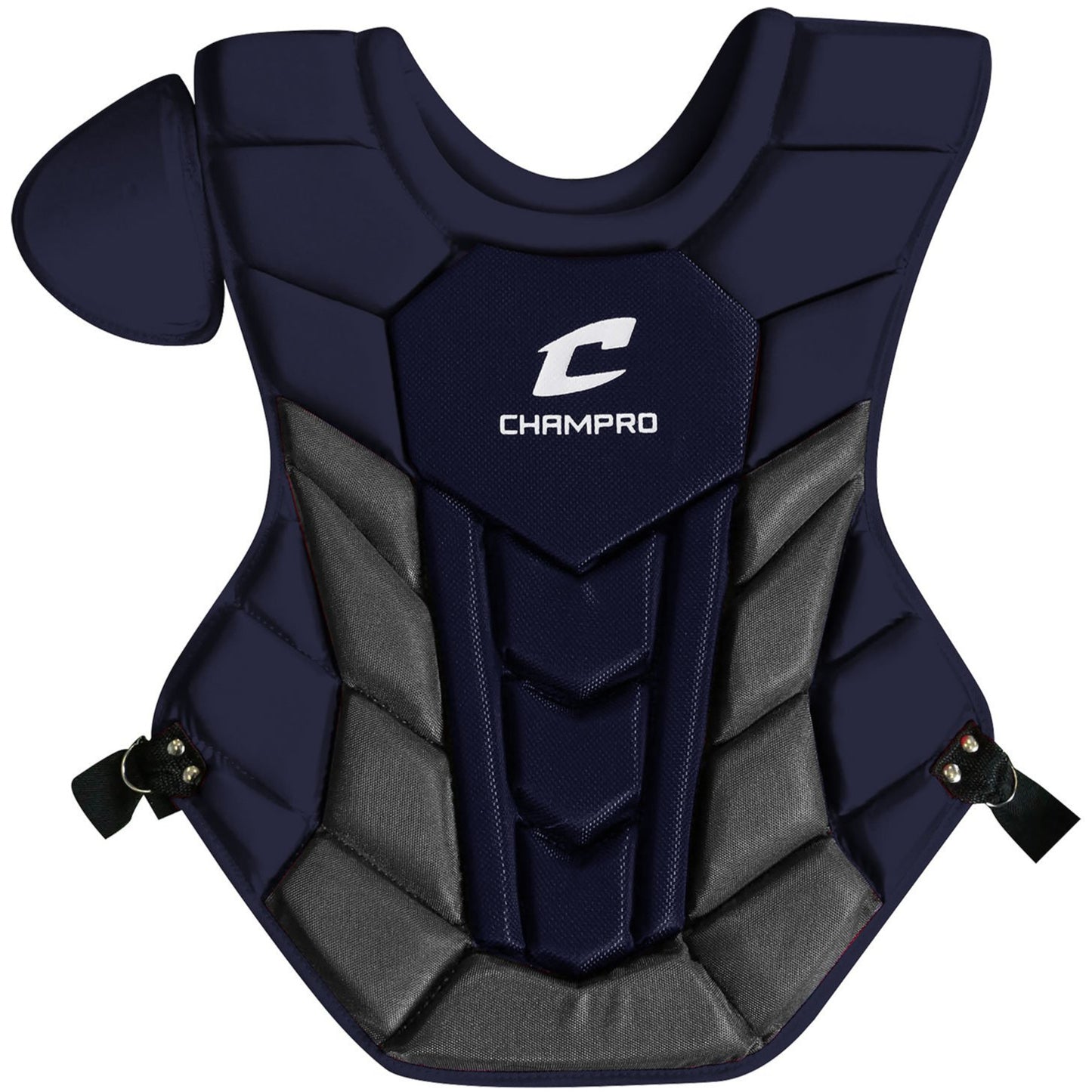 The Champro Sports Optimus Pro Plus Catcher's Chest Protector (CPN1) is a navy blue and gray chest protector for baseball or softball, featuring thick padding, moisture-wicking fabric, adjustable side straps, and a left shoulder pad.