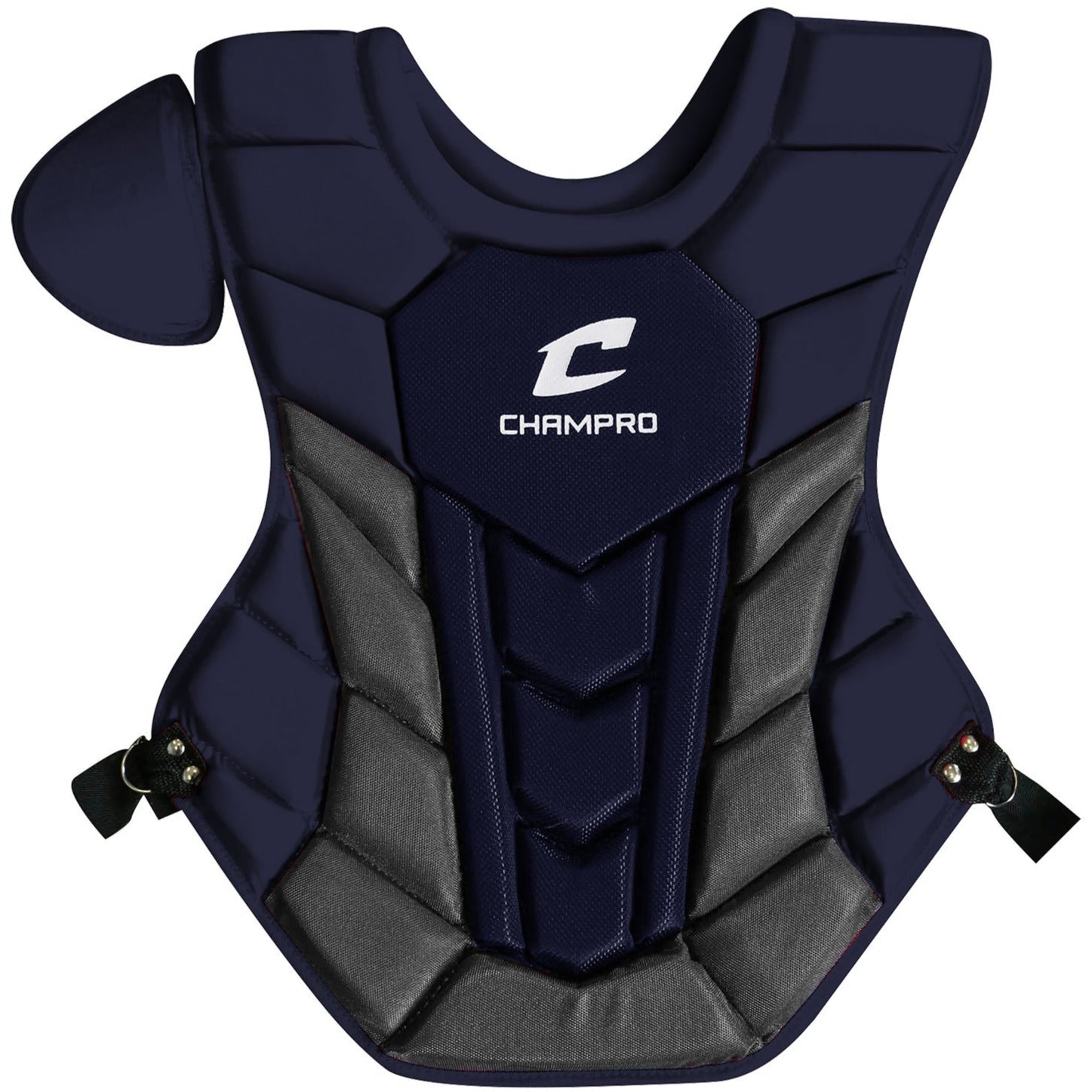 The Champro Sports Optimus Pro Plus Catcher's Chest Protector (CPN1) is a navy blue and gray chest protector for baseball or softball, featuring thick padding, moisture-wicking fabric, adjustable side straps, and a left shoulder pad.