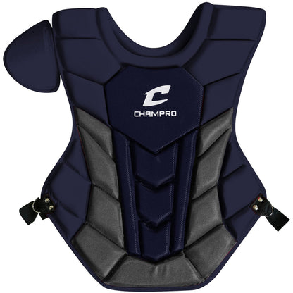 The Champro Sports Optimus Pro Plus Catcher's Chest Protector (CPN1) is a navy blue and gray chest protector for baseball or softball, featuring thick padding, moisture-wicking fabric, adjustable side straps, and a left shoulder pad.