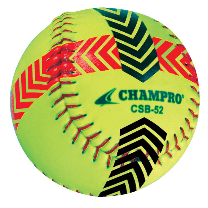A set of 2 Champro Sports CSB52S striped training softballs, featuring optic yellow durahide covers with raised seams, red stitching, and bold red and black arrow patterns.
