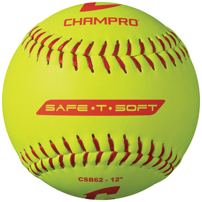 The Champro Sports SAFE-T-SOFT Duracover 12" Composite Fastpitch Softball (CSB62) features red stitching and a tough durahide cover, making it perfect for t-ball or indoor training.