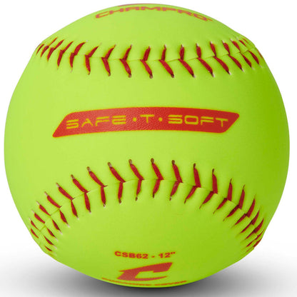 The Champro Sports SAFE-T-SOFT Duracover 12" Fastpitch Softball (CSB62) features a durable yellow composite cover, red stitching, and "SAFE-T-SOFT" printed in red—ideal for indoor training with visible brand logo and model details.