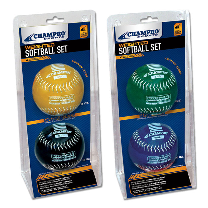 The Champro Sports Weighted Training Softball Set (2 Pack)—model CSB7AS/CSB7BS—includes “Advanced Training” yellow/black and “Basic Training” green/blue softballs, both in clear packaging.
