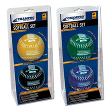 The Champro Sports Weighted Training Softball Set (2 Pack)—model CSB7AS/CSB7BS—includes “Advanced Training” yellow/black and “Basic Training” green/blue softballs, both in clear packaging.