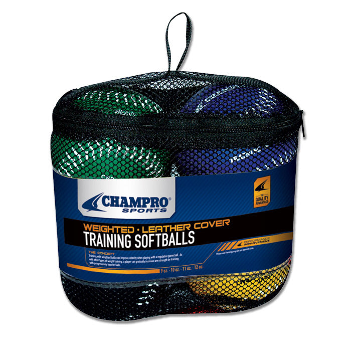 A black mesh bag holds the Champro Sports Weighted Training Softball Set (4 Pack): CSB7S, featuring multi-colored balls and a blue and yellow label—ideal for overload training and skill development.