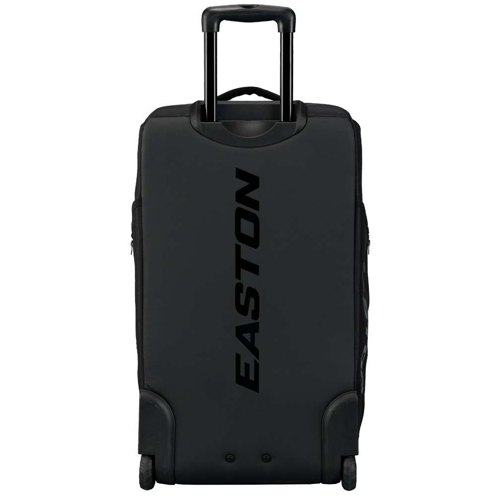 The Easton Catcher's Wheeled Bag (A159058 CATWB) is a black cricket kit bag with a telescopic handle, rugged inline wheels, and the word EASTON printed vertically in bold letters on the front.