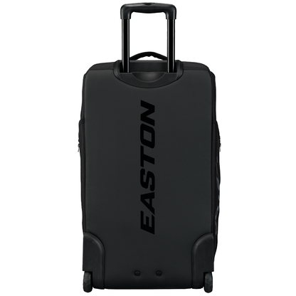 The Easton Catcher's Wheeled Bag (A159058 CATWB) is a black cricket kit bag with a telescopic handle, rugged inline wheels, and the word EASTON printed vertically in bold letters on the front.