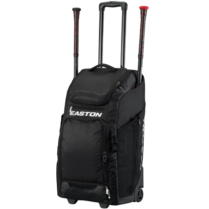 The Easton Catcher's Wheeled Bag (A159058 CATWB) is a black equipment bag featuring a telescopic handle, rugged inline wheels, side pockets, and holders for two baseball bats on either side.