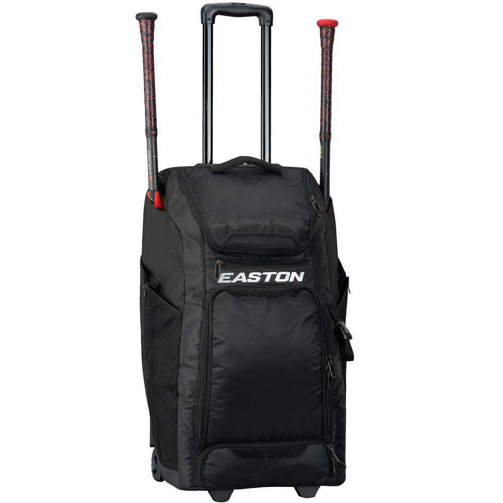 A black Easton Catcher's Wheeled Bag (A159058 CATWB) with a telescopic handle, rugged inline wheels, and multiple zippered compartments; two bats stick out of the side pockets. Ideal as a cricket kit bag.