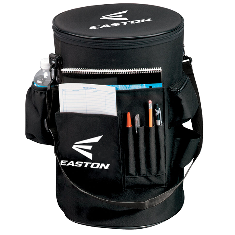 The Easton Coaches Bucket Cover (COACHBKTCV) is a black equipment bag with a shoulder strap, side pocket for a water bottle, front zippered pocket for papers, and pen slots—perfect for coaches to carry alongside their baseball gear.