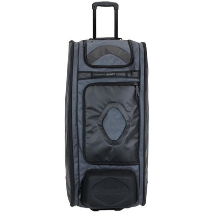 The Bownet Commander Wheeled Catcher's Bag (BN-COMMANDER BAG) by Bownet is a large, upright black and gray equipment bag with a retractable handle, front zippered pockets, and reinforced corners, shown on a white background.