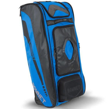 The Bownet Commander Wheeled Catcher's Bag (BN-COMMANDER BAG) is a blue and black bag designed to organize all your baseball equipment.
