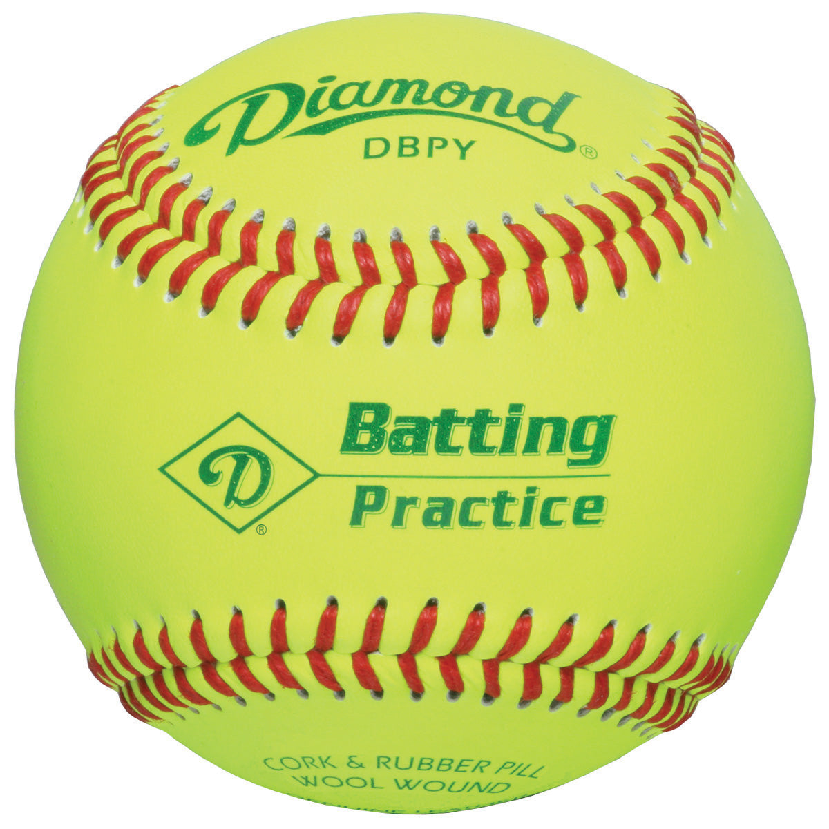 The Diamond Batting Practice Baseballs: DBPY by Diamond features a bright yellow leather cover, red stitching, and green "DBPY" and "Batting Practice" labels, designed for high-quality batting practice use.