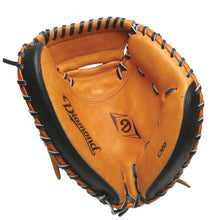 The Diamond C320 32" Baseball Catcher's Mitt (DCM-C320) by Diamond features tan and black game-ready leather, black lacing, a flat two-piece web, the Diamond logo on the palm, and the model number near the thumb.