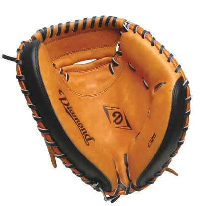 The Diamond C320 32" Baseball Catcher's Mitt (DCM-C320) by Diamond features tan and black game-ready leather, black lacing, a flat two-piece web, the Diamond logo on the palm, and the model number near the thumb.