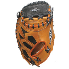The Diamond C310 31" Baseball Catcher's Mitt (DCM-C310) by Diamond is a brown and black leather mitt with black laces, an open pocket, and a logo patch on the wrist.